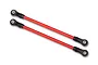 Two red Traxxas TRX-4 rear lower suspension links with black rod ends on a white background.