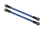 Two blue Traxxas TRX-4 rear lower suspension links with black plastic rod ends on a white background.