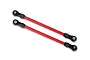 Two red Traxxas TRX-4 front lower suspension links with black plastic rod ends on a white background.