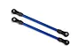 Two blue Traxxas TRX-4 front lower suspension links with black plastic rod ends on a white background.