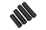 Four black plastic cylindrical driveshaft extension sleeves for Traxxas TRX-4 RC vehicles arranged diagonally on a white background.