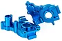 Two blue anodized aluminium RC gearbox case halves for a 2WD vehicle, shown from different angles on a white background.