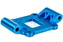 A blue anodised aluminium rear lower bulkhead spare part for an HSP RC vehicle, shown from a high-angle perspective against a white background.