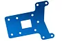 A blue anodised aluminium rear chassis plate for an RC car with multiple mounting holes and a central rectangular cutout.
