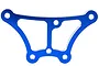 A blue anodized aluminium front upper chassis plate for an HSP RC car, featuring a symmetrical cut-out design and multiple mounting holes.