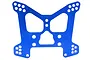 A blue anodized aluminium rear shock tower for an RC car with multiple mounting holes.