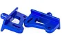 Two blue anodized aluminium RC wing mounts with mounting holes and posts, isolated on a white background.