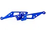 A set of blue anodized aluminium RC wing mount parts against a white background.