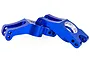 A pair of blue anodized aluminium rear hub carriers for an RC car, shown against a white background.