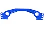 A blue anodized aluminium Ackerman steering plate for an RC car, featuring multiple mounting holes and a curved design.