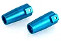Two blue anodized aluminium rear axle covers for an RC car, shown from a high angle on a white background.