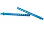 Two blue anodized aluminium RC body posts with multiple adjustment holes, shown against a white background.