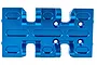 A blue anodised aluminium RC car chassis plate component with multiple mounting holes and recessed slots.
