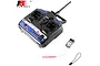 FlySky FS-T4B 4-channel 2.4GHz radio transmitter with matching receiver and bind plug on a white background.