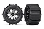Two Traxxas 2.8 inch paddle tyres pre-glued onto black chrome All-Star rims, shown from front and side angles.