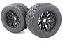 Two Rovan Tarmac Buster RC buggy wheels with black mesh rims and beadlock rings on a white background.