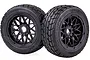 Two Rovan Tarmac Buster RC buggy front wheels with black mesh rims and beadlock rings on a white background.