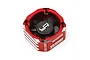 A red aluminium Yeah Racing cooling fan booster with a black fan blade assembly and carbon fiber style center cap on a white background.