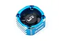 A blue anodized aluminium cooling fan for RC cars by Yeah Racing, featuring a black fan blade assembly and laser-etched branding on a white background.