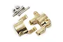A pair of brass C-hub carriers for an RC crawler, accompanied by two metal screws and two lock nuts on a white background.