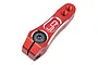 A red anodized aluminium servo horn by Yeah Racing with a black hex screw, featuring the Yeah Racing logo and two mounting holes.