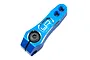 A blue anodized aluminium servo horn by Yeah Racing with a black hex screw installed.