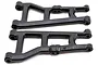 Two black RPM front lower suspension arms for RC vehicles, shown from a top-down perspective on a white background.