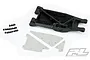 Pro-Line X-Maxx lower left suspension arm kit including black plastic arm, grey reinforcement plates, and mounting screws on a white background.