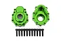 Two green anodized aluminium portal drive housings for Traxxas TRX-4 with a set of twelve black socket head screws on a white background.
