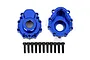 Two blue anodized aluminum portal drive housings and a set of black screws for Traxxas TRX-4 RC models.