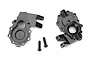 Two grey aluminium front inner portal drive housings for Traxxas TRX-4 with two mounting screws on a white background.