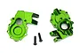 Two green anodized aluminium portal drive housings for Traxxas TRX-4 with two black mounting screws on a white background.