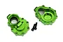 Two green anodized aluminium rear inner portal drive housings for Traxxas TRX-4 with two black mounting screws on a white background.