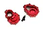 Two red anodized aluminium rear inner portal drive housings for Traxxas TRX-4 with two black mounting screws on a white background.