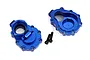 Two blue anodized aluminium rear inner portal drive housings for Traxxas TRX-4 with two black mounting screws on a white background.