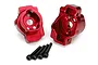 Two red anodized aluminium rear inner portal drive housings for Traxxas TRX-4 with four black mounting screws.