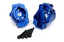 Two blue anodized aluminium rear inner portal drive housings for Traxxas TRX-4 with four black hex screws on a white background.