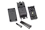 A replacement black plastic servo case set for Traxxas servos, including the main housing, cover, bottom plate, and mounting screws.