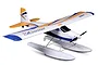 FMS Super EZ V3 1.2m RC seaplane trainer with white, blue, and orange livery, mounted on floats against a white background.