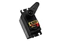 Hitec HS-7955TG standard digital servo with a black plastic case, metal heatsink sides, and a black plastic servo horn attached.