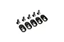A set of five black engine mount inserts and five matching black countersunk screws for Losi 5IVE-T 2.0 RC vehicles.