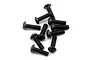 A pile of ten black metal button head screws with hex sockets, arranged on a plain white background.
