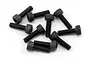 A pile of ten black metal cap head screws with hex sockets, arranged on a white background.