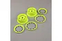 Two bright yellow RC car wheel rims and four matching beadlock rings with pre-installed black screws on a grey background.