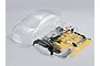 Killerbody 1/10 scale clear unpainted Mitsubishi Evolution X RC body shell with included plastic accessory parts and decals on a white background.