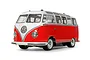 A 1/10 scale Tamiya RC model of a red and white Volkswagen Type 2 T1 van on a white background.