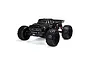 Studio shot of the ARRMA Notorious 6S BLX 1/8 scale RC stunt truck in black, featuring a classic truck body style, large off-road tires, and rear wing.