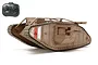 A Tamiya 1/35 scale British MK.IV Male RC tank model in tan camouflage with a Tamiya 2.4GHz controller shown in the top left corner.