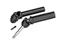 Traxxas Extreme Heavy Duty rear drive shaft assembly featuring black composite shafts and metal stub axles on a white background.