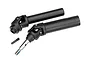 Two Traxxas Extreme Heavy Duty front drive shaft assemblies with black shafts and metal joints on a white background.